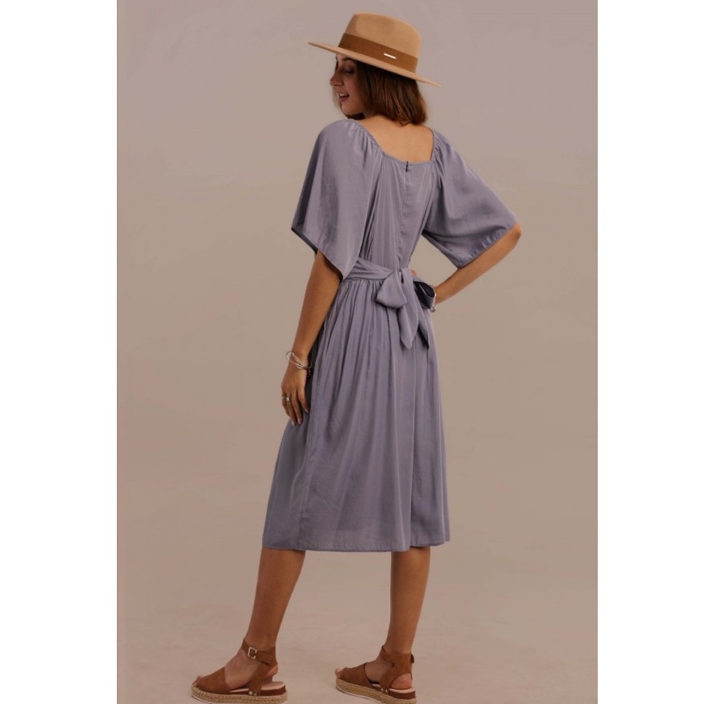 Petallush Half Sleeve Square Neck Tie Waist Summer Midi Dress With Pocket - Picture 7 of 13